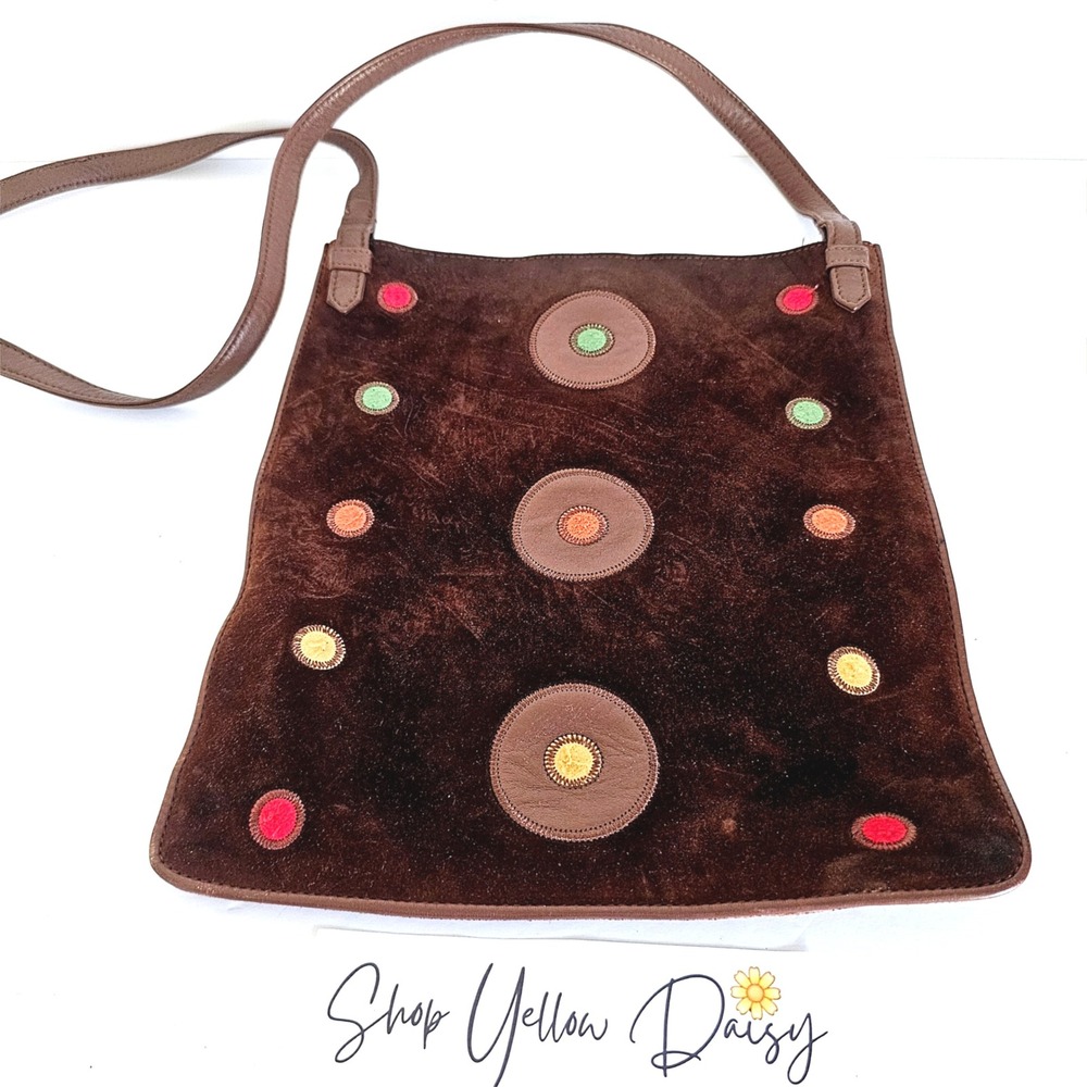 Vintage Franchi Brown Suede Crossbody Bag Embroidered Polka Dot Boho Artsy Retro